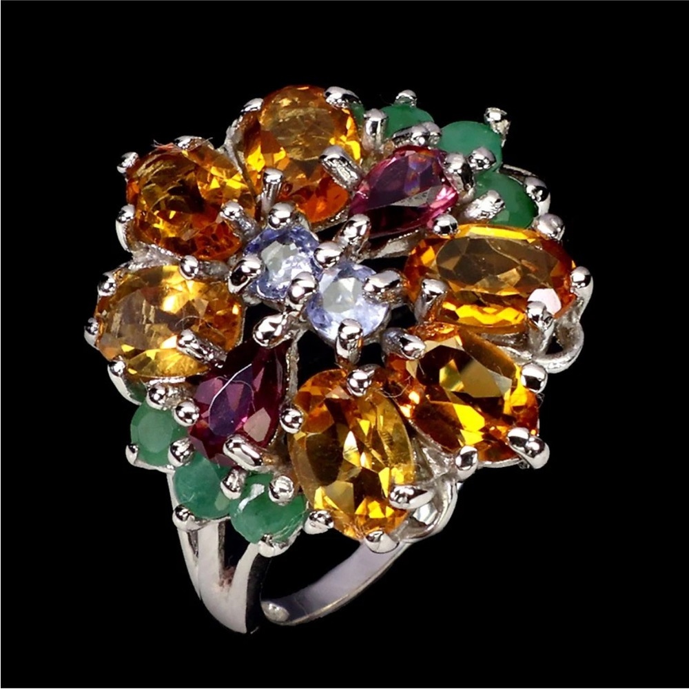 Genuine Oval Citrine, Emerald, & Tanzanite Gemstone Ring Sz 8 -  beautiful